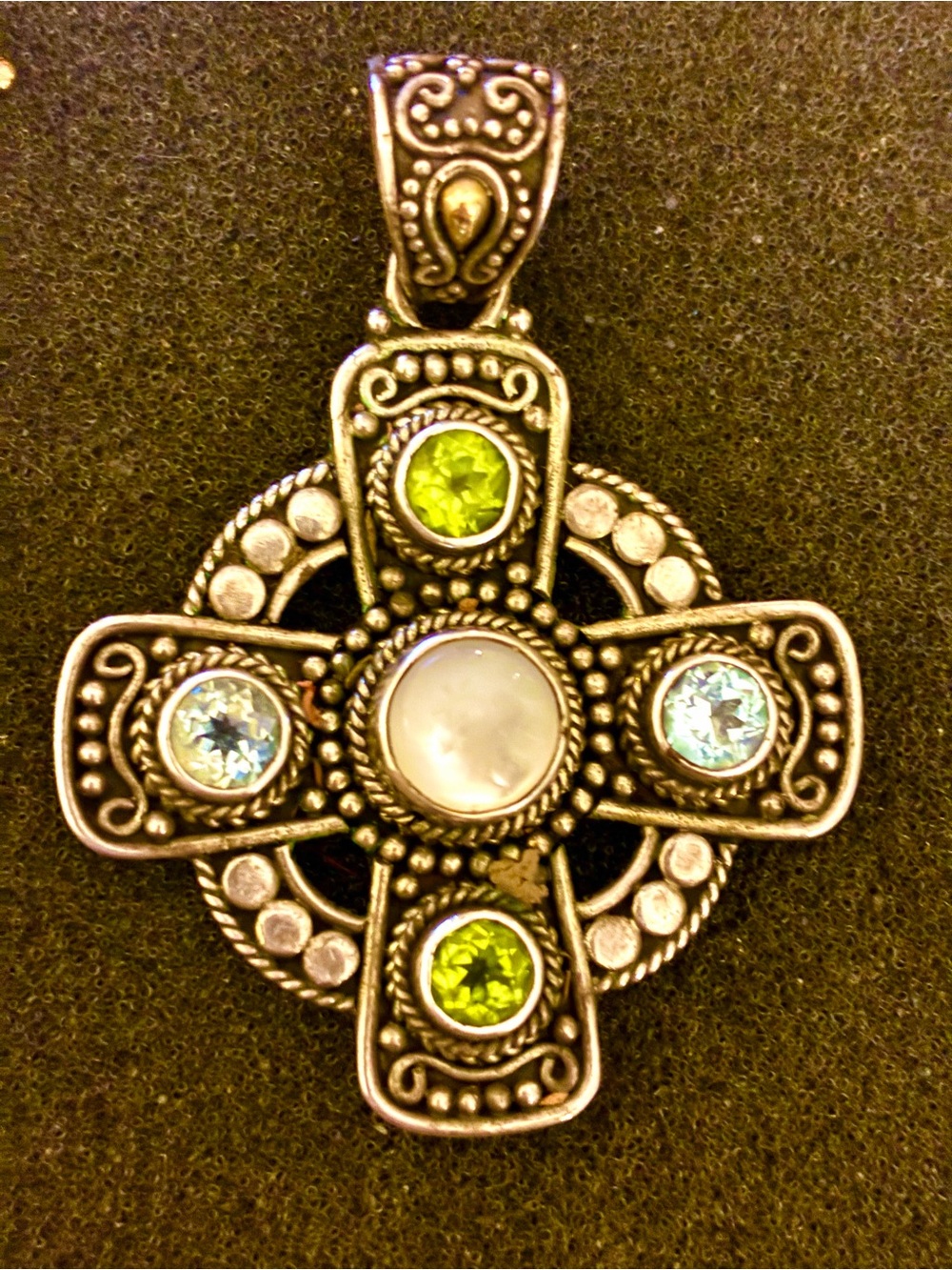 Vintage Celtic 925, 18k Gold -Cross Pendant with Peridot & Blue Topaz